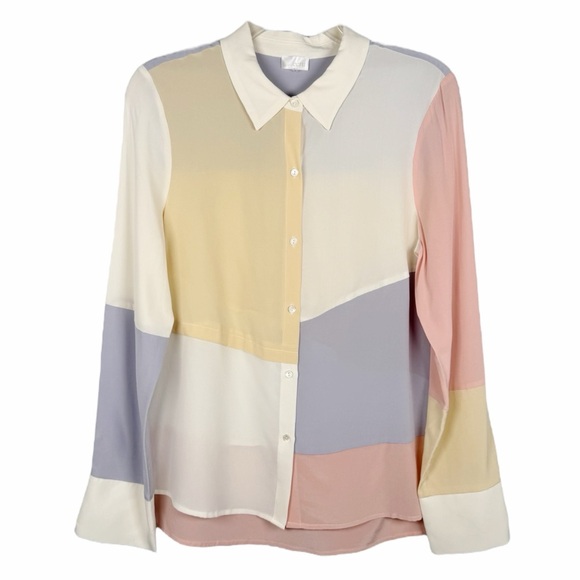 Ecru | Pastel Color Block 100% Silk Button Down Top Size Medium - Picture 1 of 5